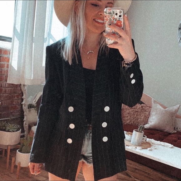 Vintage Jackets & Blazers - VINTAGE Oversized Pin Striped Blazer Navy